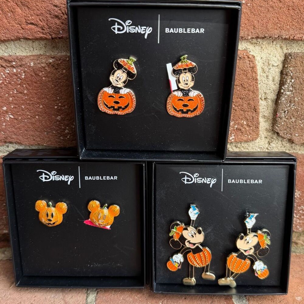 Disney x BaubleBar Halloween Mickey Minnie Pumpkin Earrings Lot of 3 NEW